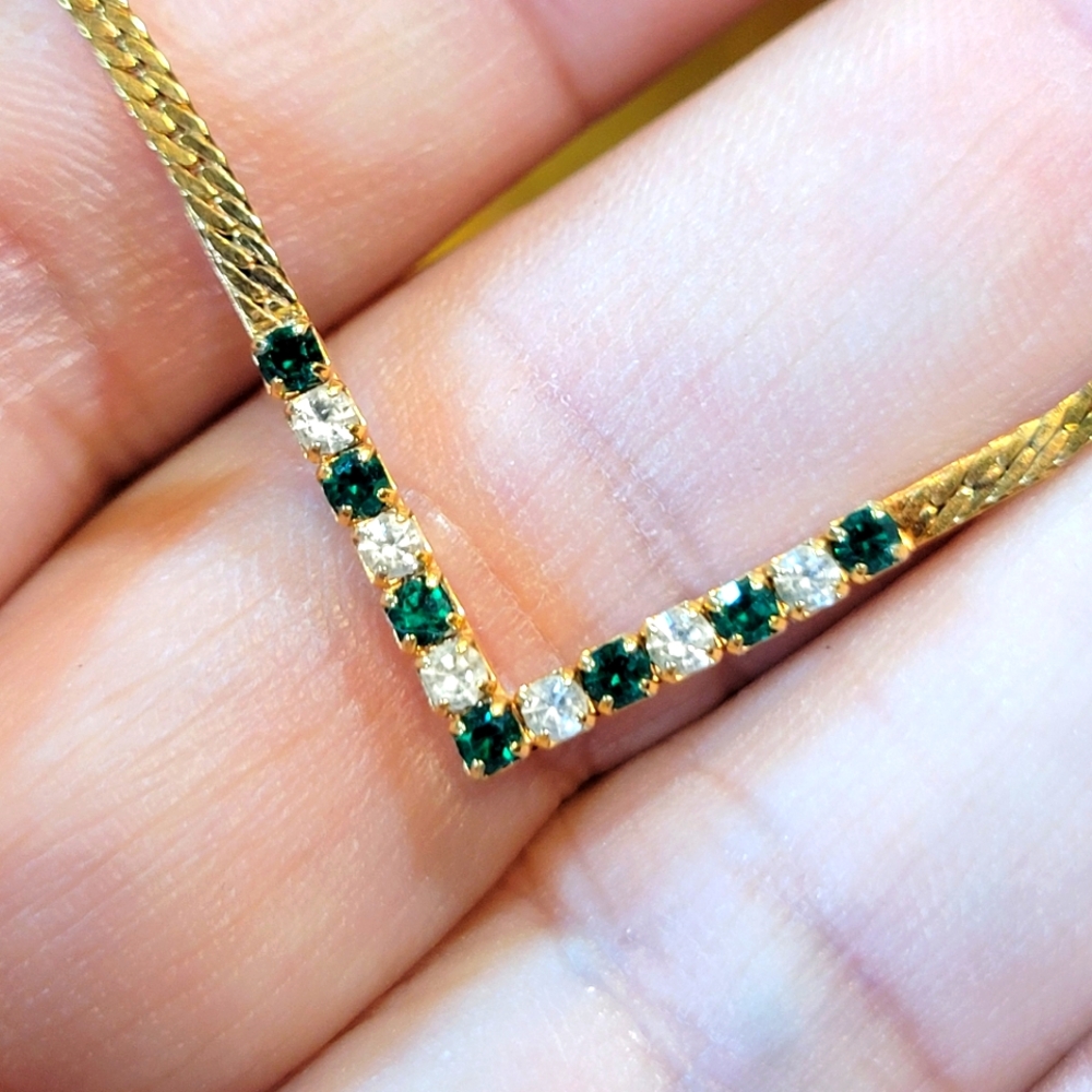 Vintage Avon Green & Icy Rhinestone Necklace 18" Long Chevron Costume Jewelry